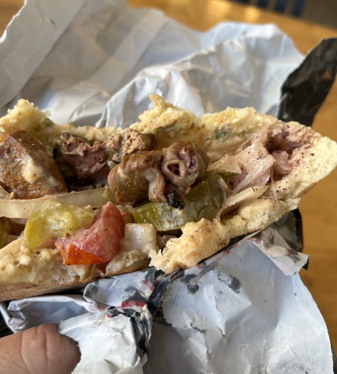 AnatomyEats's tweet photo. Chicken hearts and livers in a pita. Second photo is looking down the barrel of a chicken's aorta at a 3-part heart valve. Anatomically delicious!
#offal #nosetotail #wholeanimal #anatomyeats https://t.co/oK2qy33Ht9