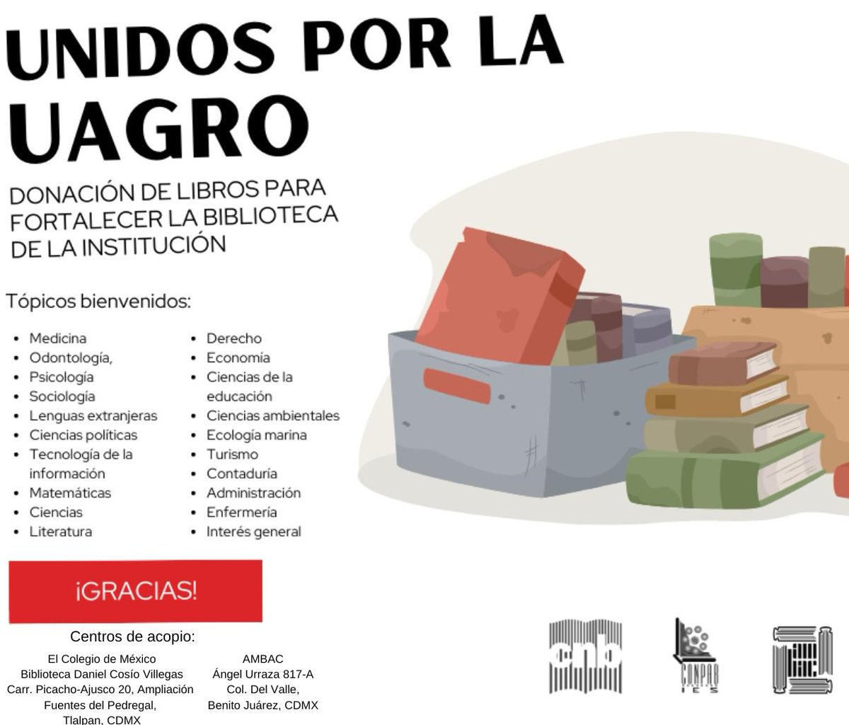 AMBACMEXICO's tweet photo. La #AMBAC, el @CNBMex y @ConpabIes se unen para apoyar a la Biblioteca de la Universidad Autónoma de Guerrero y solicitan a sus agremiados y seguidores la donación de libros y materiales. https://t.co/35pDt0cMsM