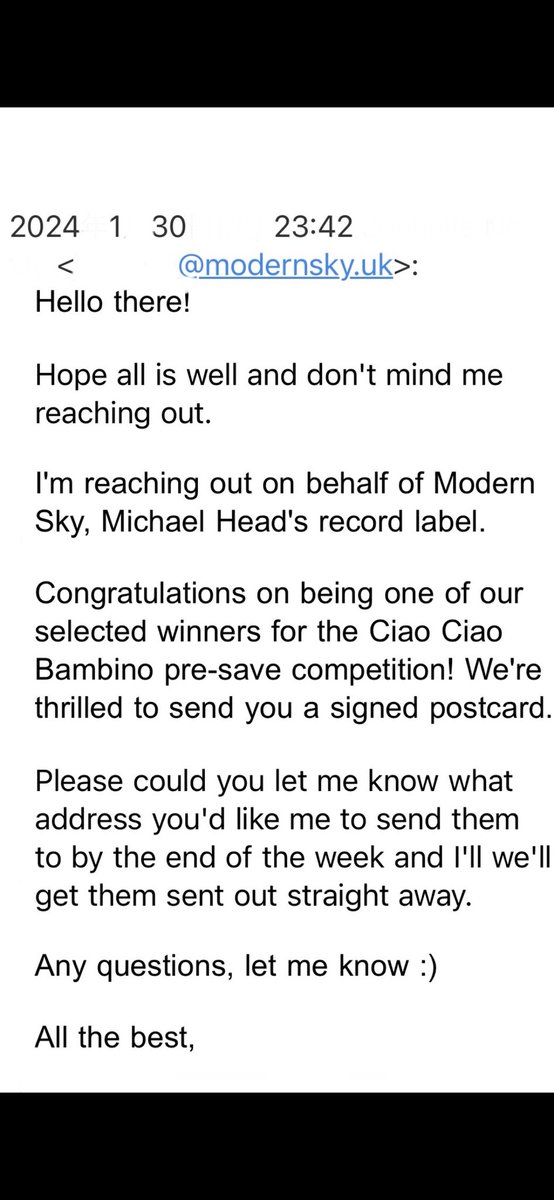 I'm So lucky man 👍✨ When the release of the single 'Ciao Ciao Bambino' was announced last Nov., I immediately pre-saved it to Apple Music. I became a winner 🏅‼️ for the pre-save competition🏆✨ Boom‼️💥 Yeah Man‼️💥 Bon bo bo bon bo‼️💥 Ta' to @michaelheadtreb @ModernSkyUK