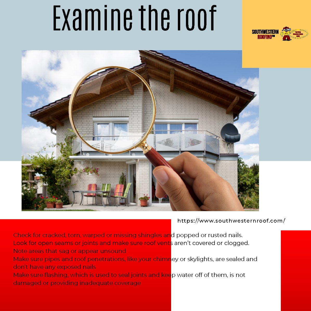 🔍✨ Don't let roof issues catch you off guard. Learn the art of inspection like a pro! 💪🏡 #RoofingMastery #HomeMaintenance101 #SouthwesternRoofing #InspectLikeAPro #DIYRoofCare #HomeSweetHome #RoofingTips #HomeImprovementMagic #ProtectYourNest #RoofingWisdom 

🔨 We offer  ...