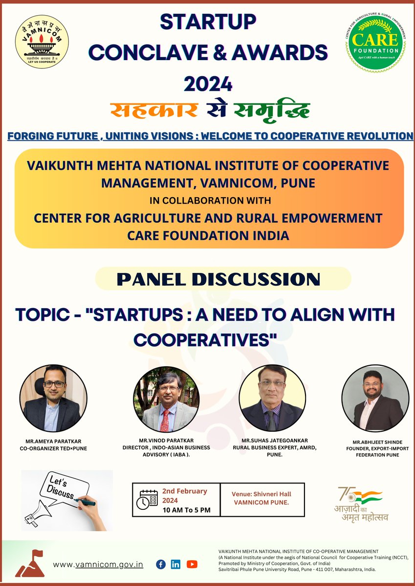 Witness the live session on 2nd February 2024 for the Startup Conclave and Awards at VAMNICOM. 

A Panel discussion on 'Startups: A need to aligh with Cooperatives' by experts.

#LiveSession #StartupInnovation #StartupExperts
#InnovationAtVAMNICOM #CooperativeAlignment