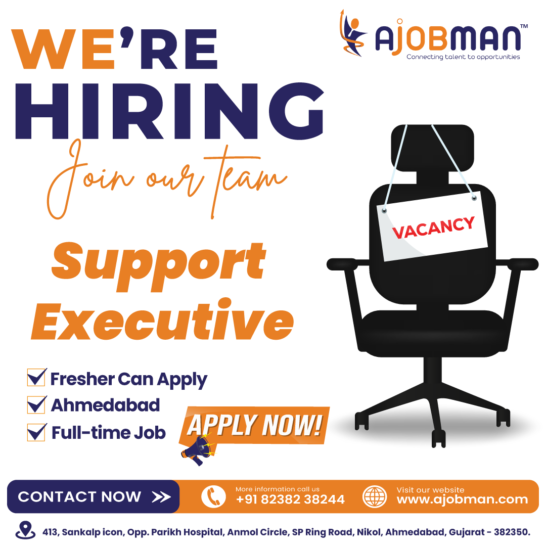 a_jobman's tweet photo. We're Hiring #SupportExecutive!
📍 Location: #Ahmedabad
🕒Job Type: Full-time
💼 Freshers Can #ApplyNow!
🧾Send Your Resume &amp; Contact us:
📲+91 8238238244
📧 info@ajobman.com
🌐 https://t.co/rYNOK3n9f3
#supportexecutivejob #supportexecutivejobvacancy #ajobman #ahmedabadjobs https://t.co/gGj1ln6Rui