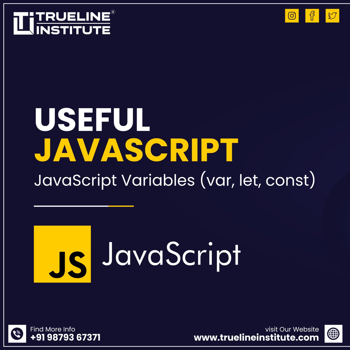 TL_Institute's tweet image. 📢 Useful JavaScript | Trueline Institute
☎️ +91 98793 67371
🌐 truelineinstitute.com
📧 vtruelineinstitute@gmail.com
#truelineinstitute #itinstitute #javascriptvariables #varinjs #letandconst #mutablevariables #variablenaming #jsdatatypes #localvariables #jsassignment