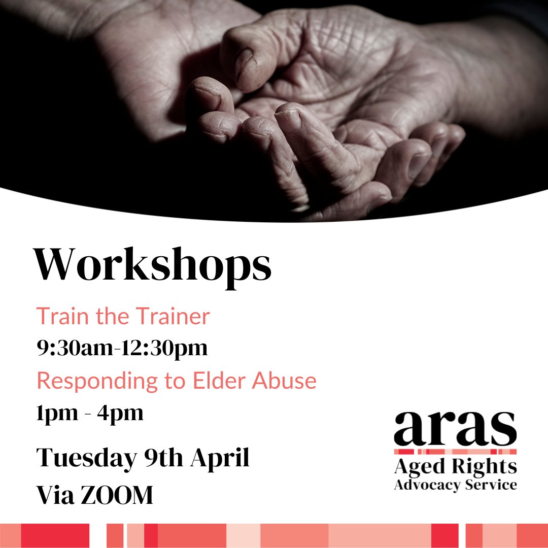 Elder Abuse Prevention Workshops for Agencies and Service Providers! ARAS are holding 2 half-day workshops to equip you with the knowledge and resources to prevent and respond to the abuse of older people. Workshop 1: eventbrite.com.au/e/abuse-preven… Workshop 2: eventbrite.com.au/e/responding-t…
