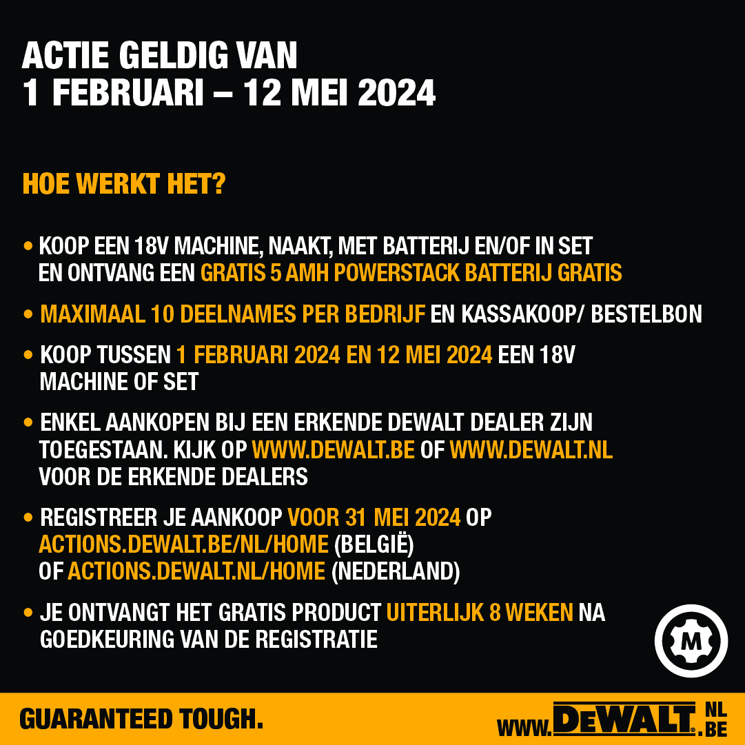 🎉 Feest mee met DeWALT's 100-jarig jubileum! 🎂 ⁠
Bij aankoop van alle 18V XR machines of sets, ontvang je na registratie een GRATIS 5Ah Powerstack-accu.  Ontdek de actie op mastertools.nl ⁠
⁠
Mis het niet! #DeWALT #100Jaar #Jubileum #Accu #Actie #Gratis #Mastertools