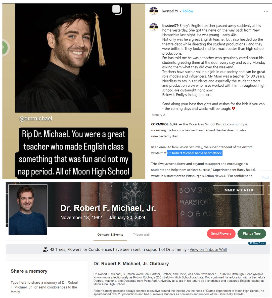 Coraopolis, PA - 41 year old Dr.Robert Michael, an English teacher at Moon High School

died unexpectedly of a heart attack on Jan.20, 2024

Mandated profession.

COVID-19 mRNA Vaccine sudden deaths are at an all time high

#DiedSuddenly #cdnpoli #ableg #Pfizer #Moderna