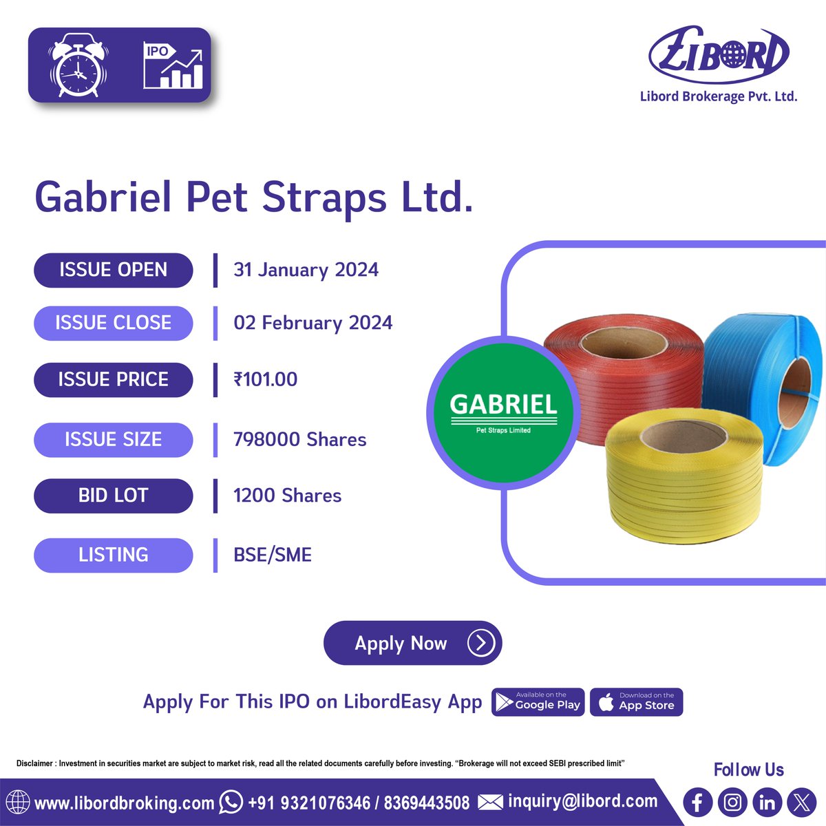 LibordBrokerage's tweet image. Gabriel Pet Straps Ltd #IPO hit the market book now

IPO Application Date: 31 January to 2 February 2024

Hurry to book your IPO at ekyc.libordbroking.com/eipo
#ApplyIPO #BookIPO #IPONEWS #viralpost #nifty #virals #nse #IPO #bse #sebi #chatgpt #Budget2024 #viralreels #publicoffering