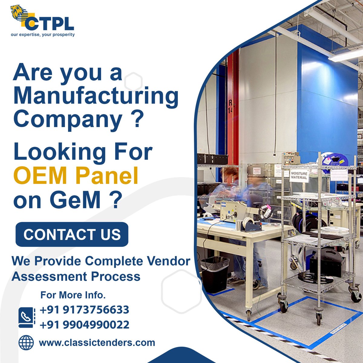 Are you Looking For Vendor Assessment Process 
For OEM Panel on GeM (Government e-Marketplace)
Get in Touch With Us !
Contact Us : +91 9173756633 | +91 9904990022
Visit : classictenders.com 

#classictenders #oem #vendorassessment #vendorregistration #RegisterNow