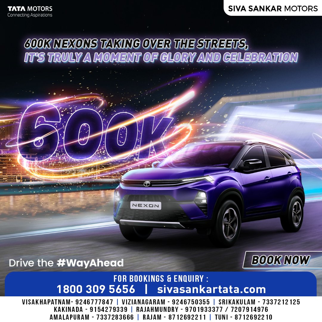 Embracing a moment of triumph and joy as #600K Nexons conquer the streets. Gratitude to each one of you for being a valued member of the #WayAhead Family.

For sales & services call us: 1800 309 5656

#Nexon600K #NewNexon #TataNexon #TataMotorsPassengerVehicles #SivaSankarMotors