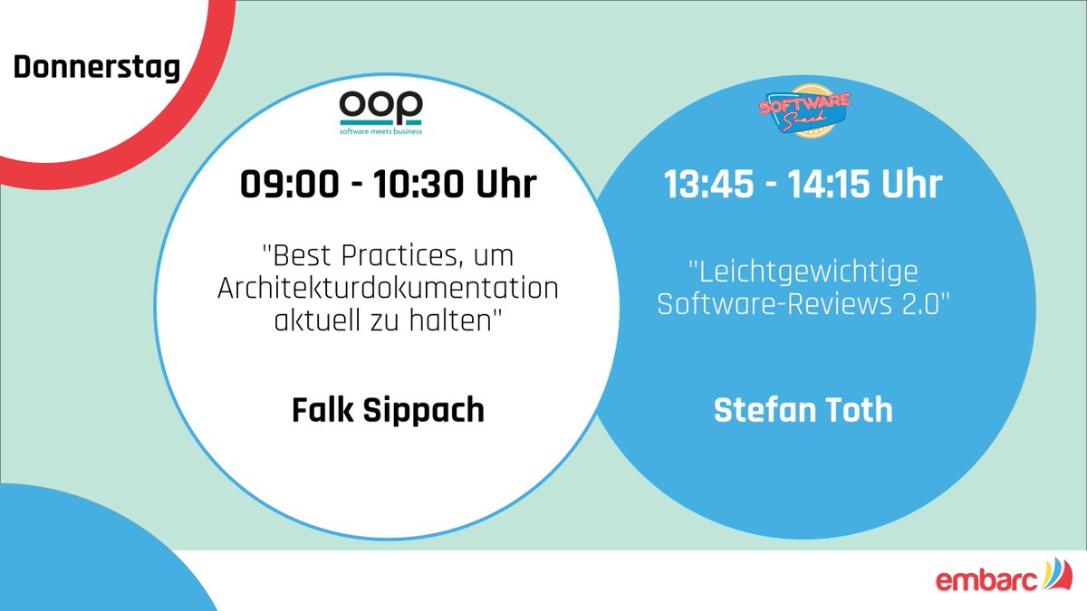 embarc Software Consulting GmbH (@embarced) on Twitter photo 💫 Wir hoffen, ihr hattet bereits zwei grandiose Tage auf der <a href="/oop_conference/">OOP Konferenz</a> und startet inspiriert und wissensdurstig in den Donnerstag!
🍭 Auch heute sind wir wieder am Stand mit schmackhaften Software-Snacks für euch da!
#SWS2024
Unser heutiges Programm in der Übersicht: 💫 Wir hoffen, ihr hattet bereits zwei grandiose Tage auf der <a href="/oop_conference/">OOP Konferenz</a> und startet inspiriert und wissensdurstig in den Donnerstag!
🍭 Auch heute sind wir wieder am Stand mit schmackhaften Software-Snacks für euch da!
#SWS2024
Unser heutiges Programm in der Übersicht: