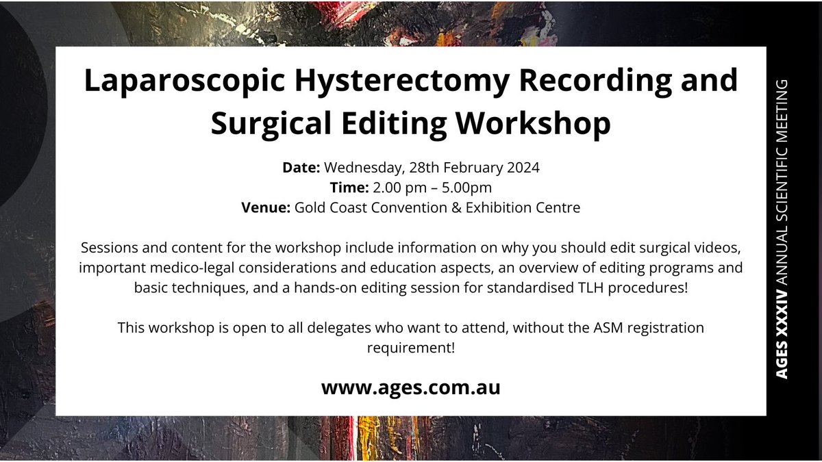 Join Dr Helen Green and Dr Nelson Herbert at the Laparoscopic Hysterectomy Recording and Surgical Editing Workshop! Register now and secure your place before time runs out! events.ages.com.au/ages-annual-sc…