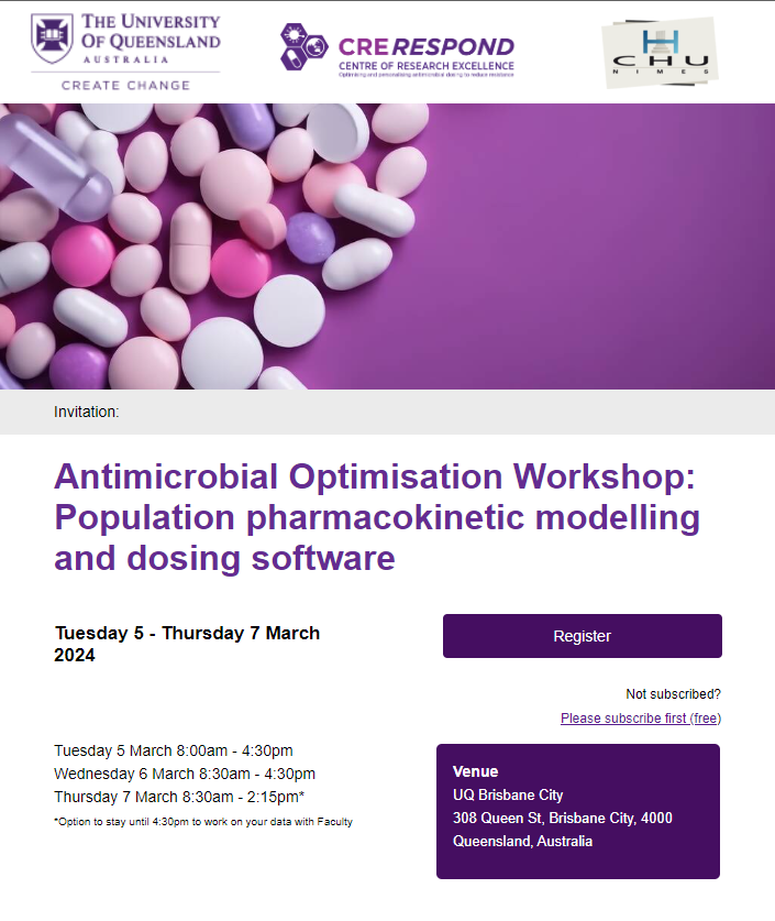CRE RESPOND (@cre_respond) on Twitter photo You're invited to an exciting 3-day workshop on Antimicrobial Optimisation: Population pharmacokinetic modeling and dosing software.
30 places available
Reg: lnkd.in/dPb-X6fP
<a href="/jasonroberts_pk/">Jason Roberts</a> <a href="/DocJamesPollard/">James Pollard</a> <a href="/legg_wamy/">Amy Legg</a> <a href="/davidantibiotic/">David Paterson</a> <a href="/IATDMCT/">IATDMCT</a> <a href="/NCICancer/">NCIC</a> <a href="/PattyMitre_/">Patty Mitre</a> You're invited to an exciting 3-day workshop on Antimicrobial Optimisation: Population pharmacokinetic modeling and dosing software.
30 places available
Reg: lnkd.in/dPb-X6fP
<a href="/jasonroberts_pk/">Jason Roberts</a> <a href="/DocJamesPollard/">James Pollard</a> <a href="/legg_wamy/">Amy Legg</a> <a href="/davidantibiotic/">David Paterson</a> <a href="/IATDMCT/">IATDMCT</a> <a href="/NCICancer/">NCIC</a> <a href="/PattyMitre_/">Patty Mitre</a>