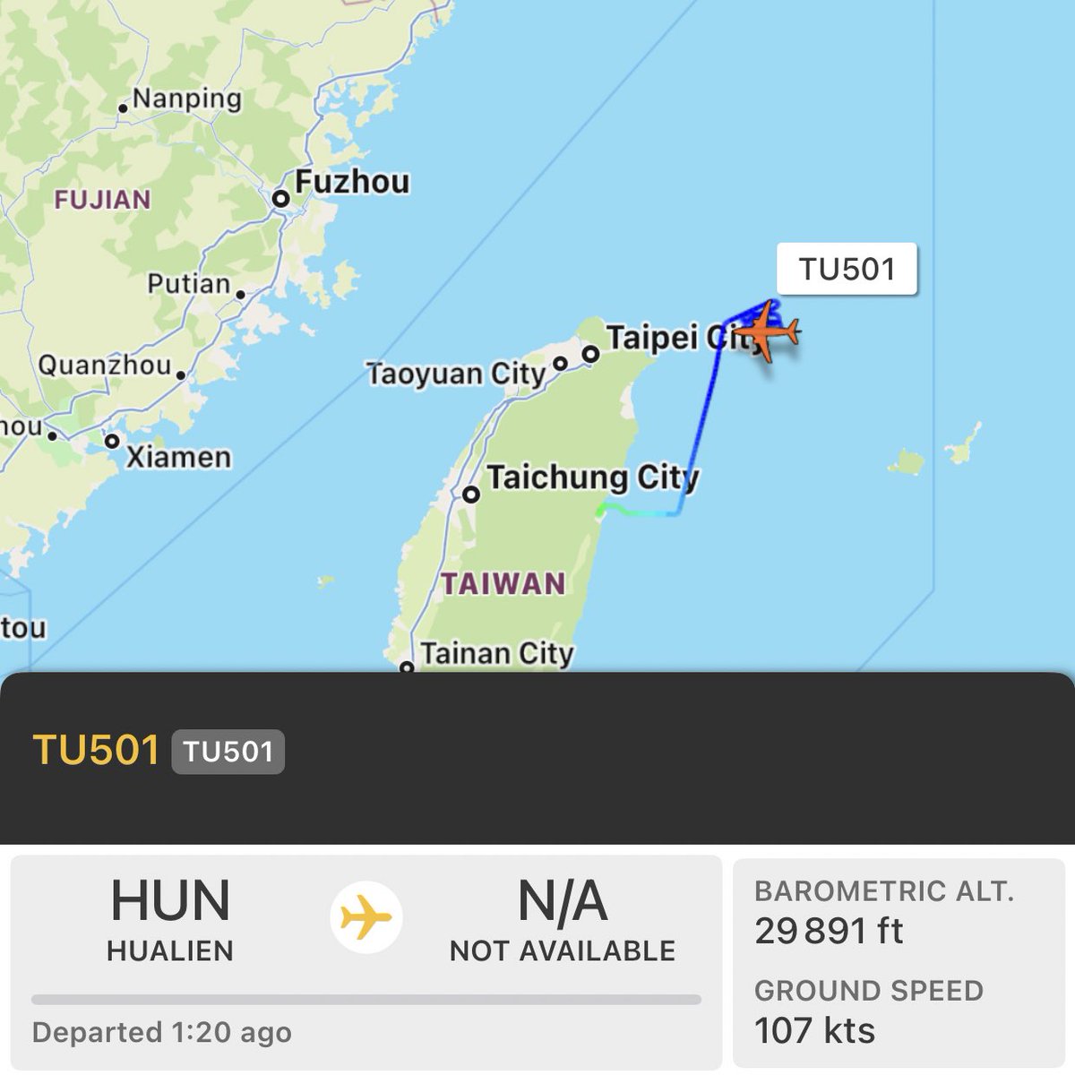 Taiwan Air Force’s Tengyun-2 UAV (hex 8991F9) active in the east