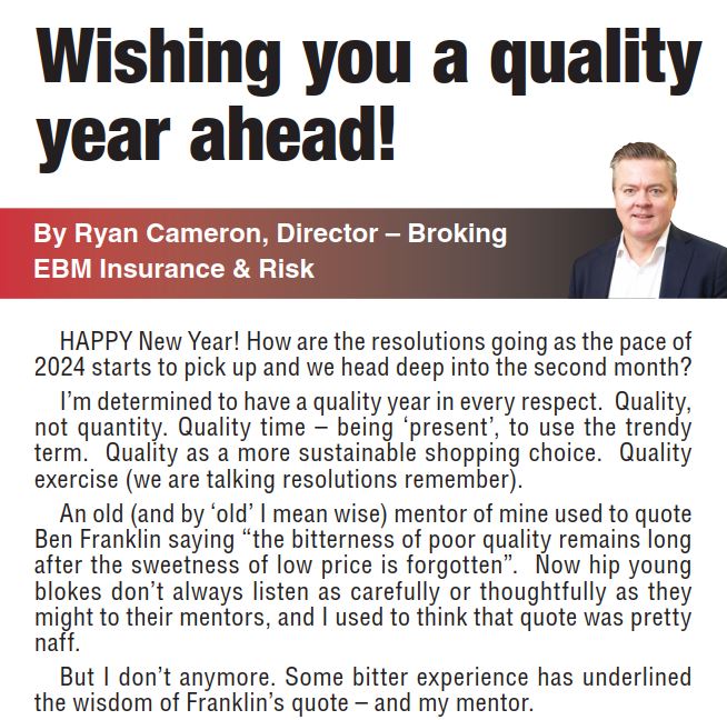 We are back with our first <a href="/farmweekly/">Farm Weekly</a> column for the year. <a href="/Ryancameron1974/">Ryan Cameron</a>  suggests starting off the year by reviewing your insurance arrangements and to keep in mind the importance of quality, not quantity. To find out more read page 35.
#insurance #australia #agriculture