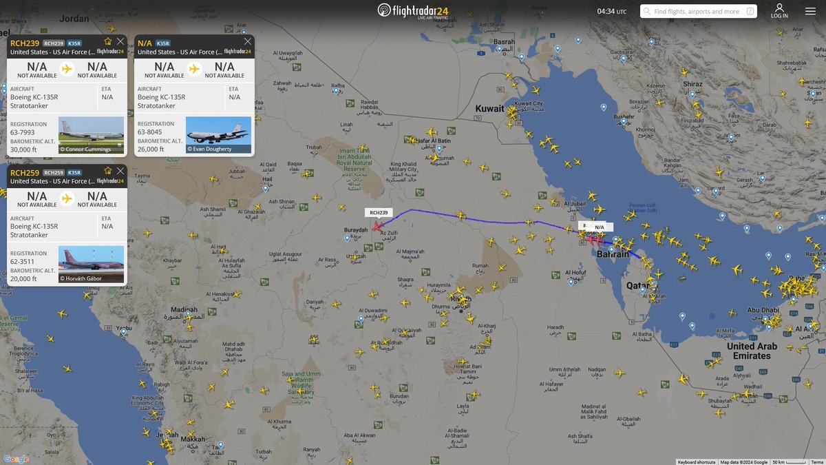 Feb. 1, 2024
#Al-Udeid Air Base #Rickenbacker ANGB, Columbus 
#NoCALLSIGN #AE025E 
#RCH239 #AE037A 
#RCH259 #AE0428 USAF KC-135R Stratotanker 

#Al-Udeid Air Base #MacDill AFB, Tampa
#NoCALLSIGN #AE0154 USAF KC-135R Stratotanker