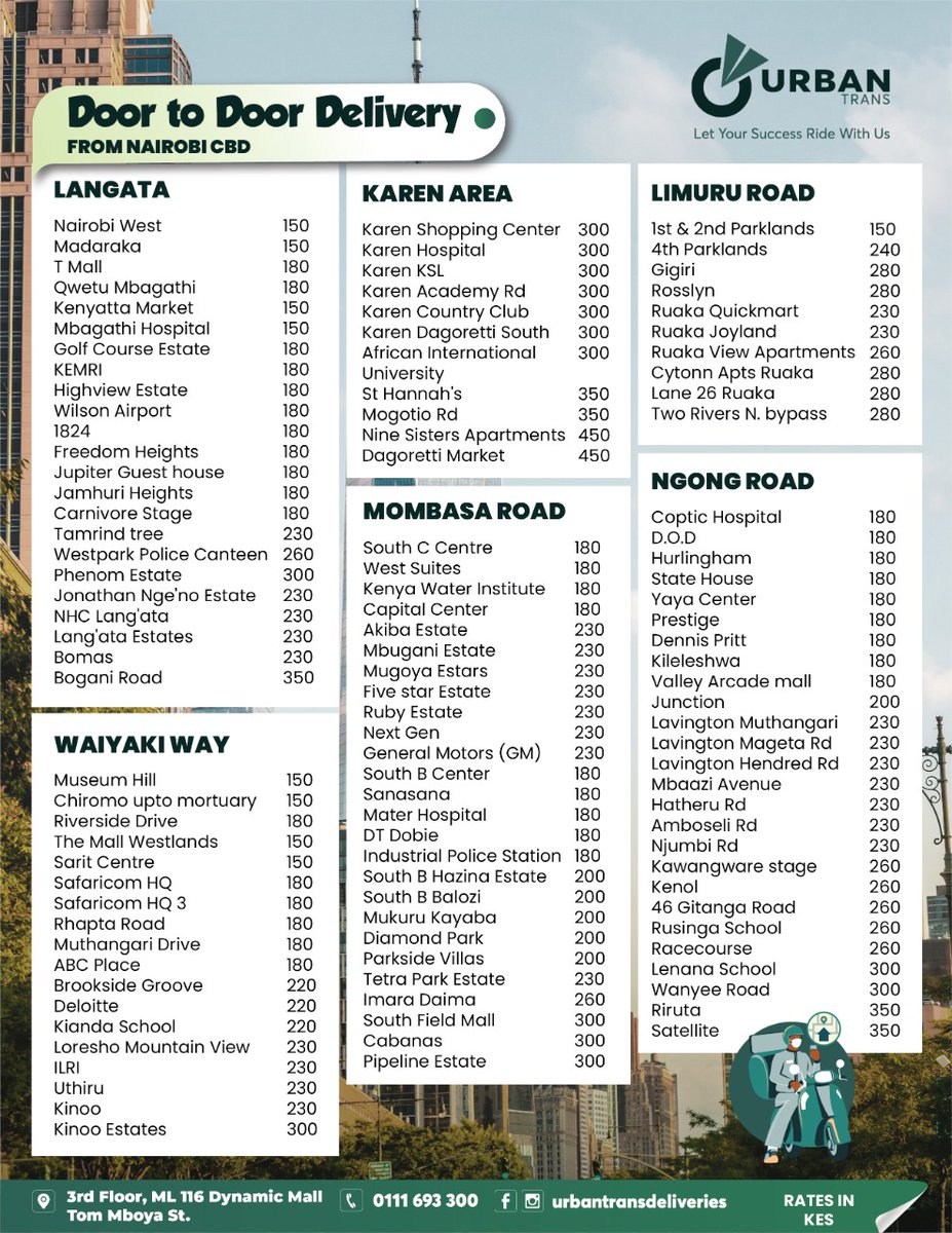 We handle deliveries and errands within Nairobi and coordinate your upcountry deliveries. Do not get stranded when we can do these for you at affordable rates.

Talk to us on 0111693300.
Or visit us at
Dynamic Mall, Ml 116, 3rd floor

Here are our rates for within Nairobi Area.
