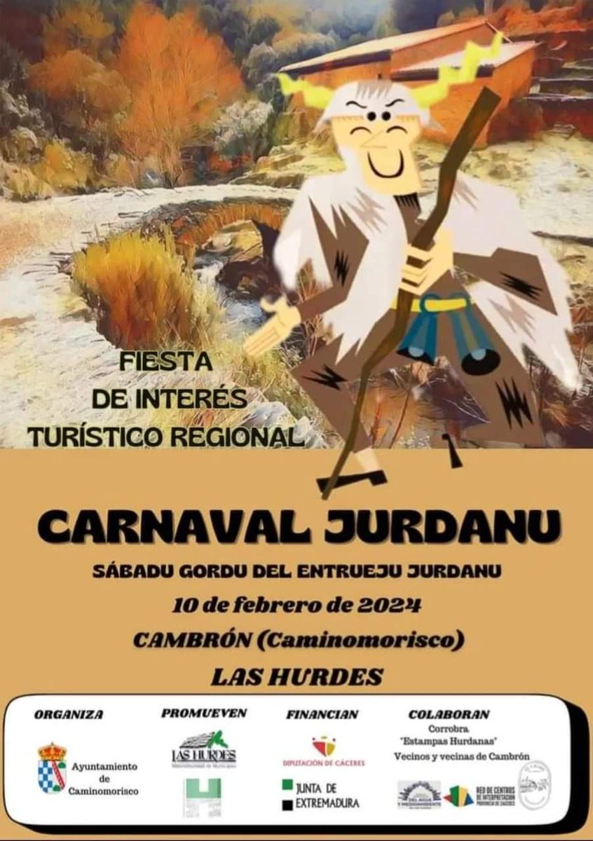 El #CarnavalJurdano, Fiesta de Interés Turístico Regional, se celebra el sábado 10 de febrero en #Cambrón, alquería de #Caminomorisco, en #LasHurdes.

#planvex
