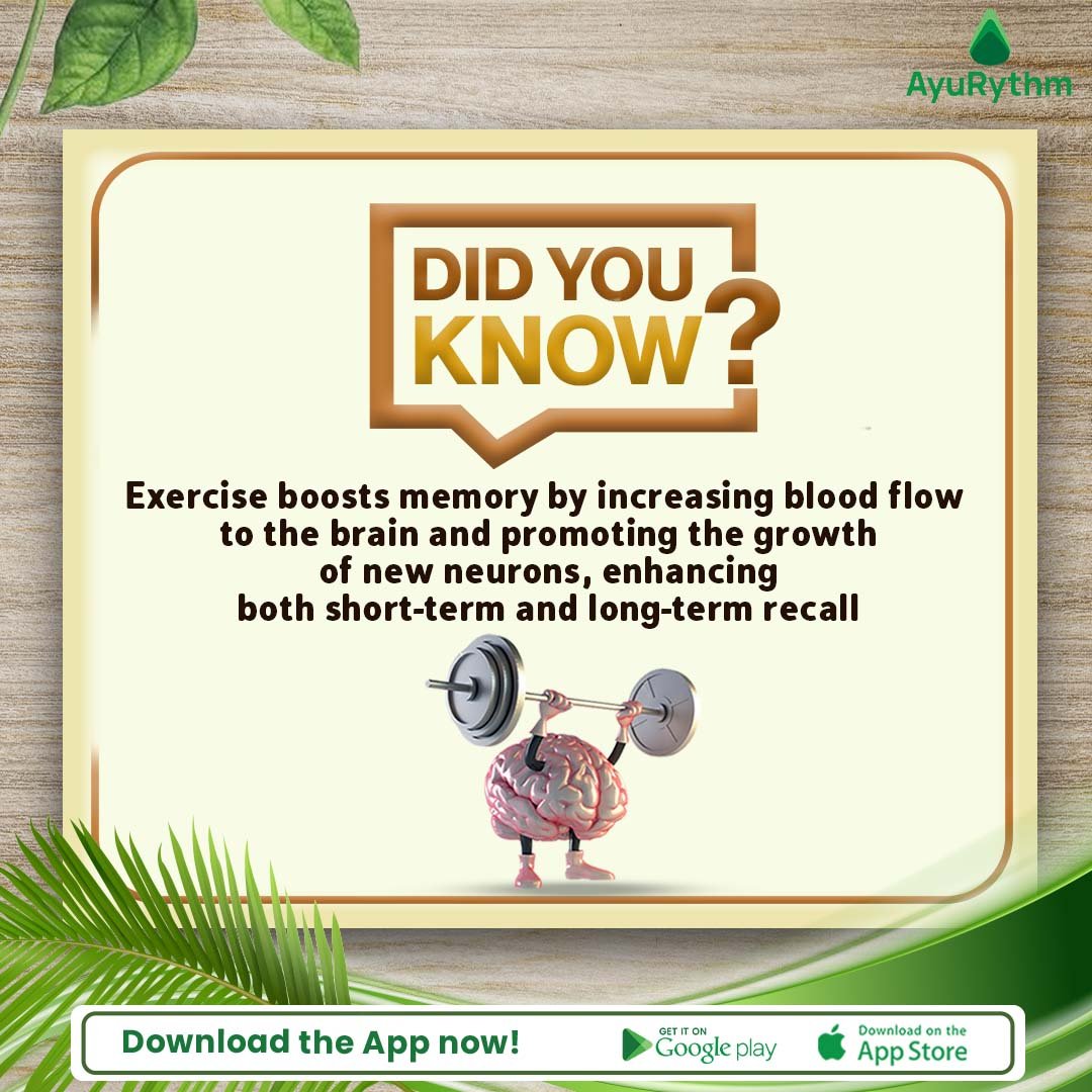 Power up your mind with every move! Did you know? Regular exercise isn't just for your body; it's a memory-boosting workout for your brain 📲 Install the App Now❗️ Android: bit.ly/3T6iW0a IOS: apple.co/42dStl . . . #AyuRythm #ExerciseBenefits #BrainHealth