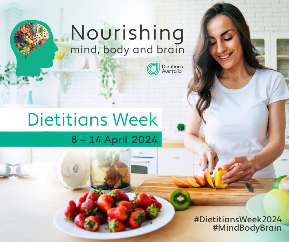 Save the date for #DietitiansWeek2024! The theme Nourishing mind body and brain calls for dietitians to be considered as crucial to Australia’s mental health agenda. Help raise awareness about #APDs and their role, and support transformative change: bit.ly/3SFWb4Q