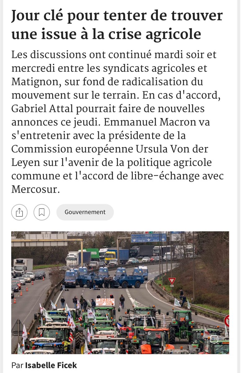 #OnMarcheSurLaTete➡️ 6 articles à lire (01/02/24) ⤵️⤵️
🆕Réactions politiques 
✅ Jour clé pour tenter de trouver une issue à la #criseagricole 
lesechos.fr/politique-soci…

✅#EmmanuelMacron à Bruxelles pour poursuivre le «bras de fer» sur accord #Mercosur 
lefigaro.fr/actualite-fran…