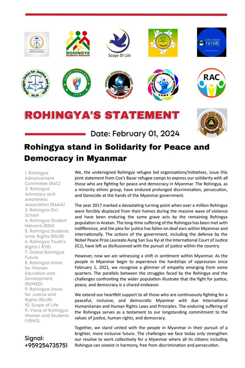 vrwsorg's tweet photo. Standing in solidarity from Cox's Bazar refugee camps, Rohingya-led organizations issue a joint statement supporting peace and democracy in Myanmar.

The shared struggles emphasize the need for justice and human rights. Together, we stand united for a brighter, inclusive future. https://t.co/NP8I8OXWCJ