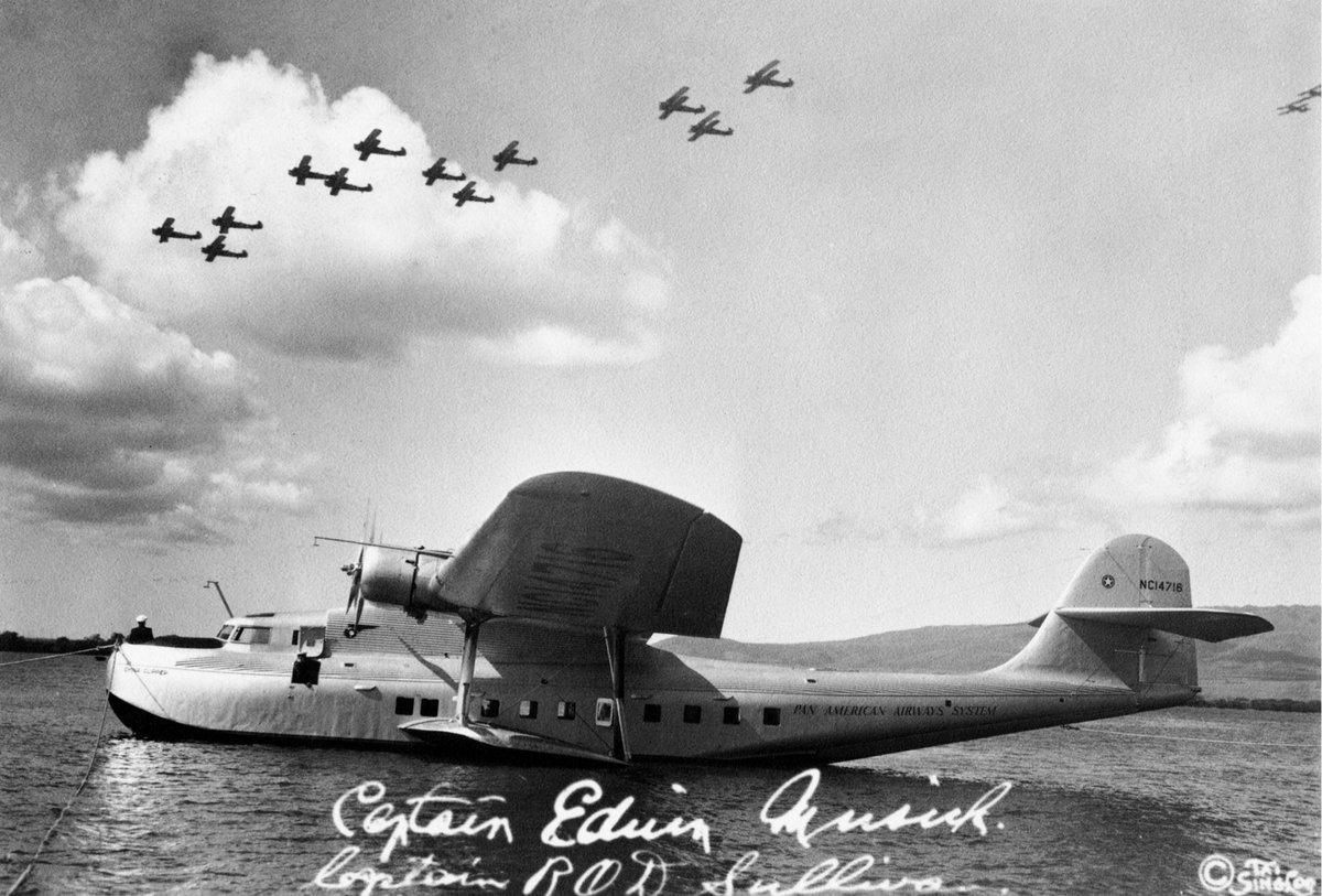 CaptainMusick's tweet image. The China Clipper after arriving at Pearl Harbor on November 23, 1935 after completing the first leg of its Trans-Pacific crossing from Alameda, California. The negative was signed by Captain Musick and First Officer R.O.D. Sullivan.