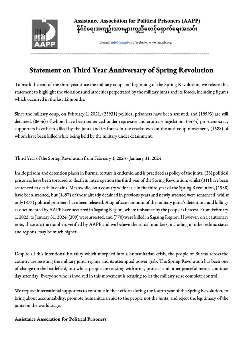 Now we mark 3 years since the start of the Spring Revolution!

In the statement below, we intend to show in data the  junta's brutality since the coup, and in the last 12 months.

#WhiteCampaign #SilentStrike #Myanmar #WhatsHappeninglnMyanmar #CoupAnniversary #Burma
