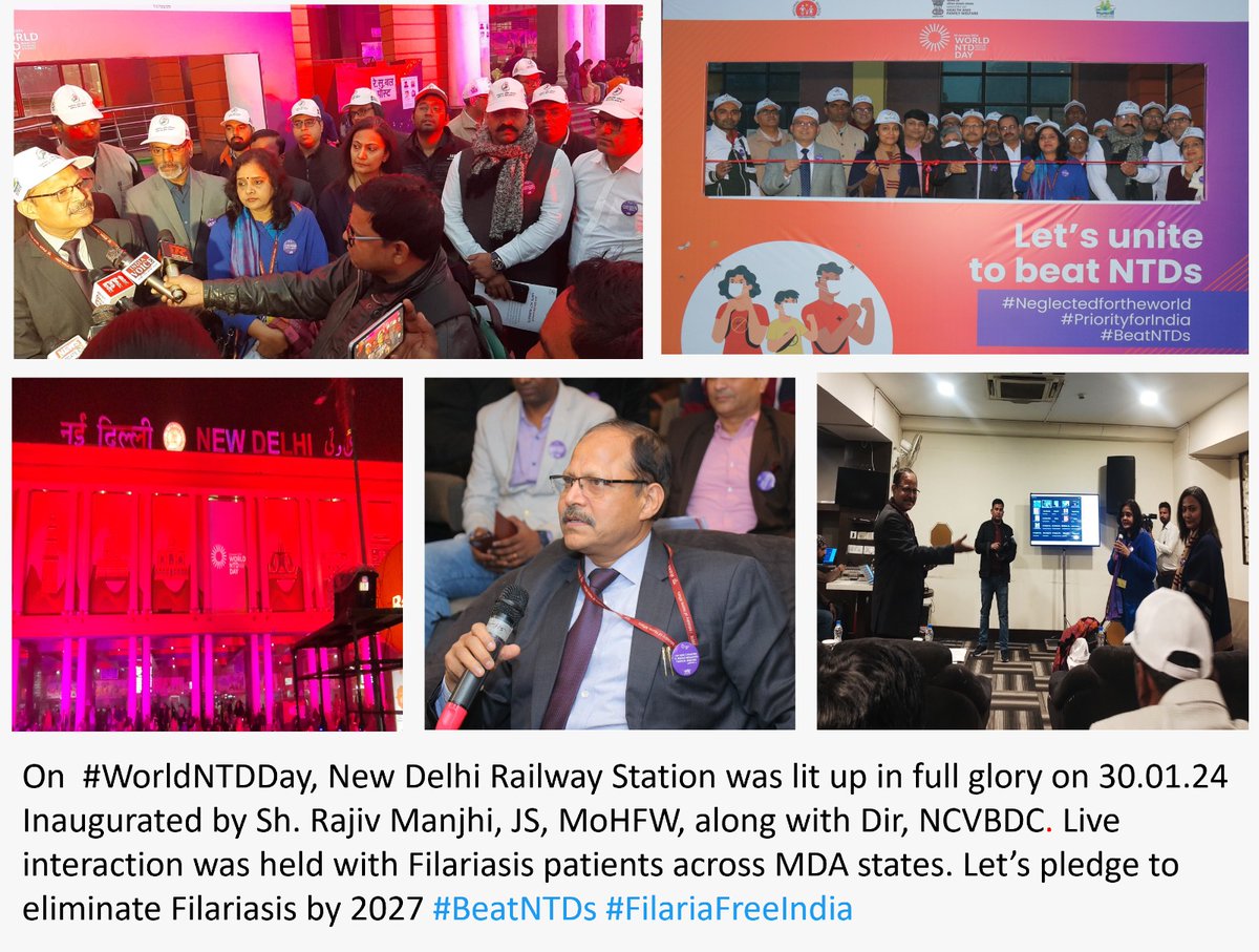 nvbdcpmohfw's tweet photo. On #WorldNTDDay, N.Delhi Railway Station was lit up in full glory on 30.01.24 Inaugurated by Sh.Rajiv Manjhi JS,MoHFW, alongwith Dir, NCVBDC. Live interaction was held with Filariasis patients across MDA states Let’s pledge-Eliminate Filariasis by 2027 #BeatNTDs #FilariaFreeIndia https://t.co/gcY1pJeWnT