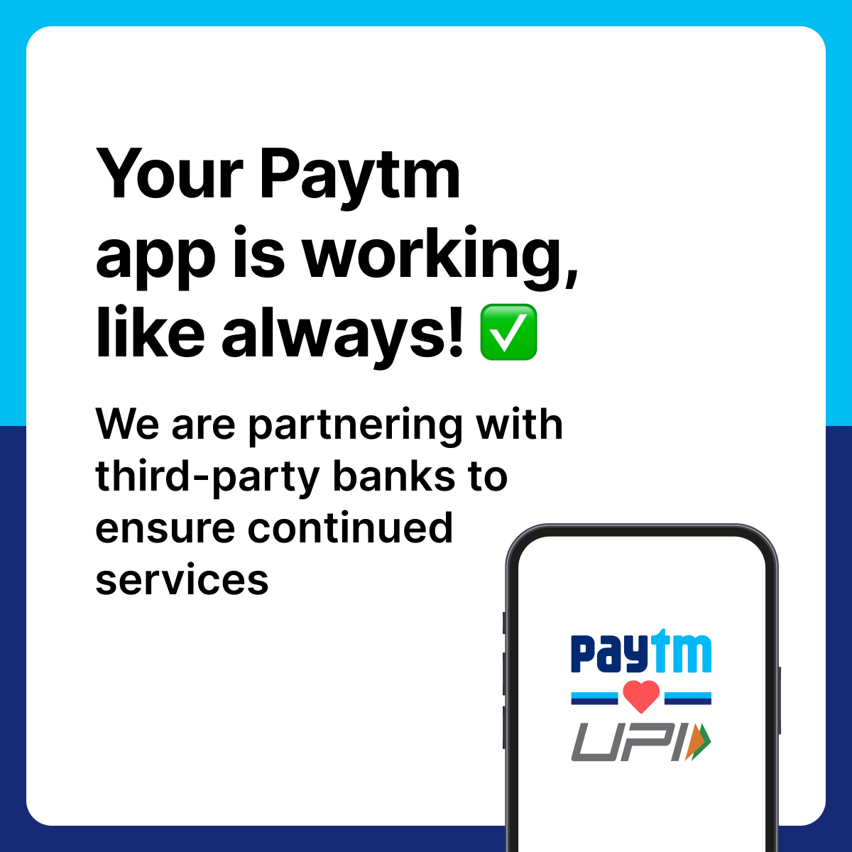 Your Paytm app is working. Most of the services offered by Paytm are in partnership with various banks (not just our associate bank). 

We started our journey of working with other banks over the last two years, which we will now accelerate