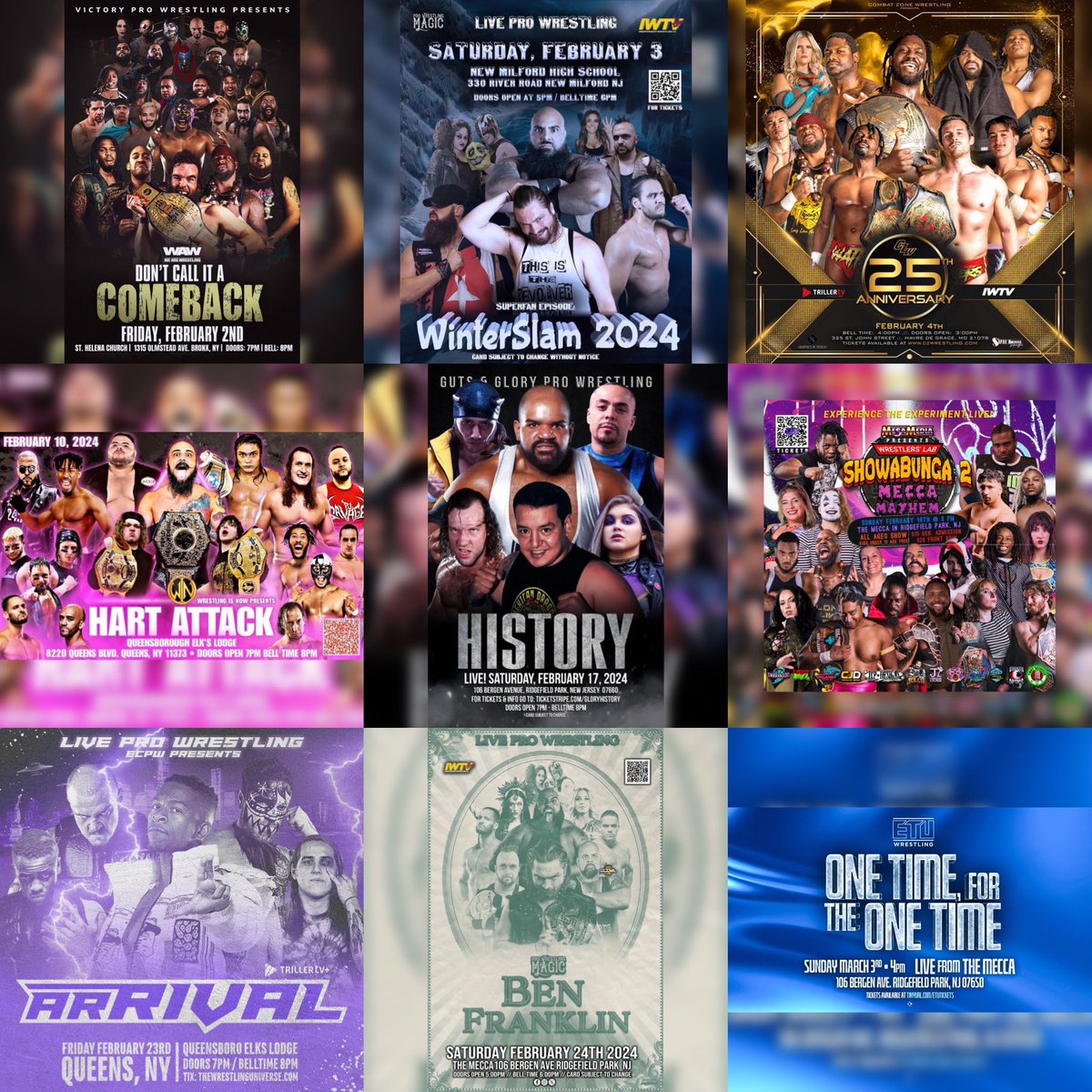 2/2: @wrestling_we 2/3: @WrestlingMagic 2/4: @combatzone 2/10: @WrestlingIs_Now 2/17: @GutsAndGloryPro 2/18: @WrestlersLab 2/23: @vxswrestling 2/24: @WrestlingMagic 3/3: @ETUwrestling