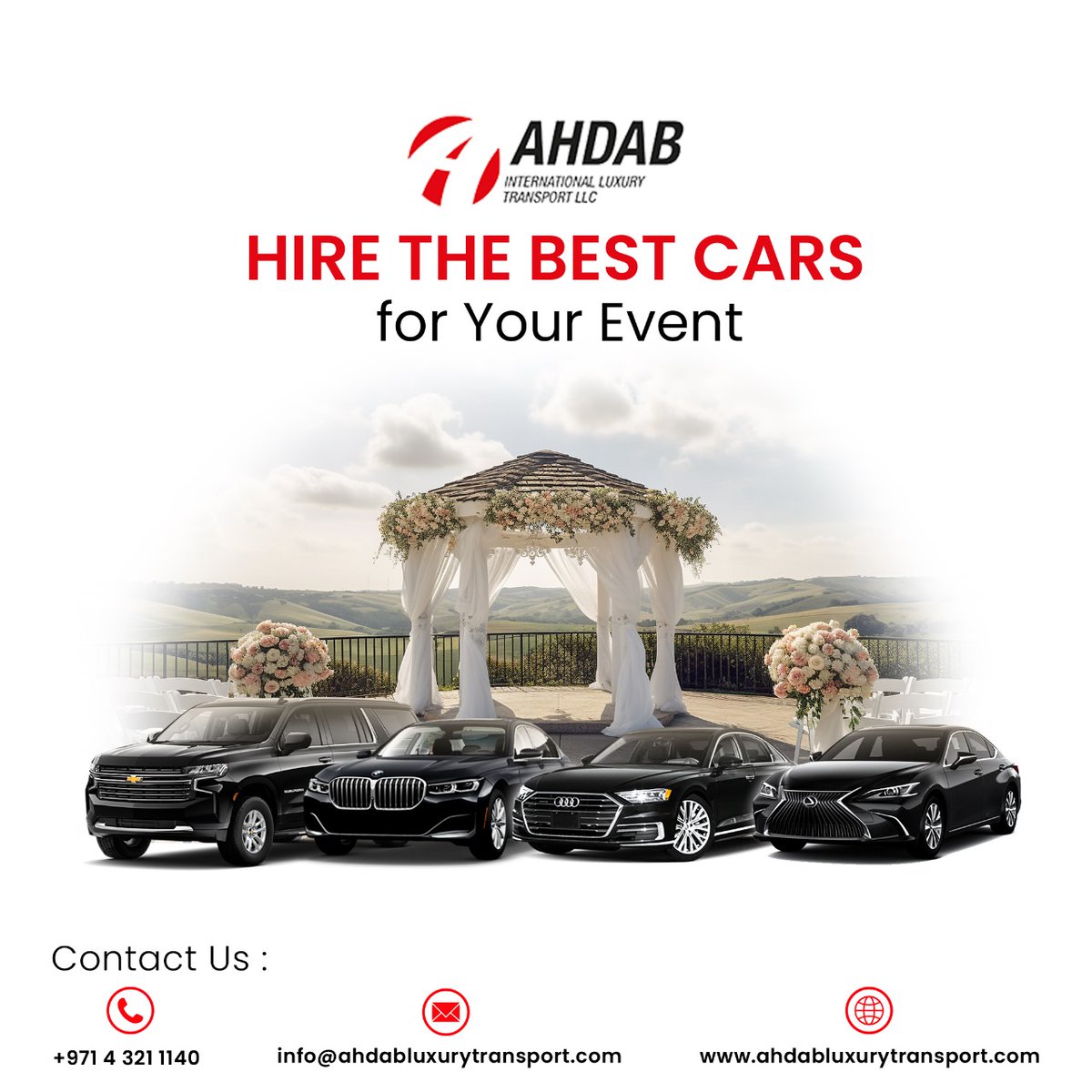 AhdabTransport's tweet image. Make your event unforgettable with our luxury car hire! 🌟 Whether it's a wedding, prom, or any special occasion, arrive in style and elegance. Book now and get ready to turn heads!
+971 4321 1140 
info@ahdabluxurytransport.com 
ahdabluxurytransport.com
#LuxuryRide #StyleOnWheels