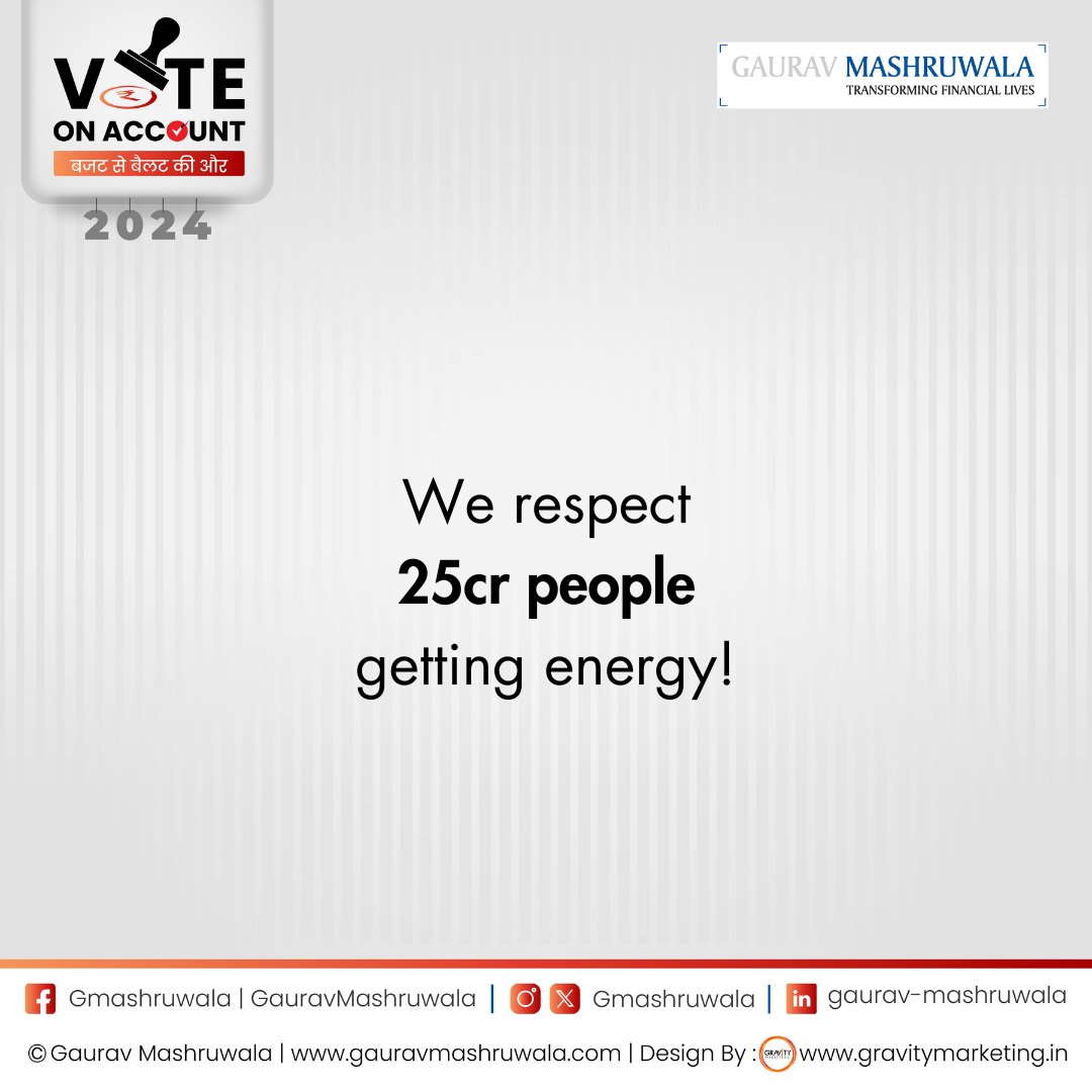 GMashruwala's tweet image. We respect
25cr people
getting energy!
.
#IndianBudget2024 #EconomicOutlook #FinanceTalks #BudgetAnalysis #MiddleClassRelief #GlobalEconomy #TaxReforms  #StartupIndia #InfrastructureDevelopment #InternationalRelations #ClimateAction #InclusiveGrowth #DigitalIndia #GMashruwala
