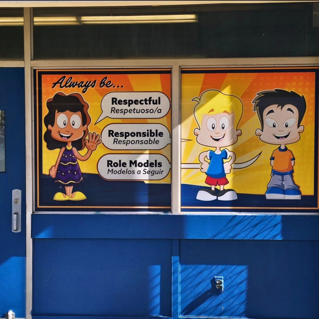 We are showcasing some awesome new upgrades around our school! 👀 The front of our school is now displaying our RAMS school name and logo for all to see! 😊And check out the new library window art featuring multicultural & dual language characters.💜 #WeAreRAMS #cjusd