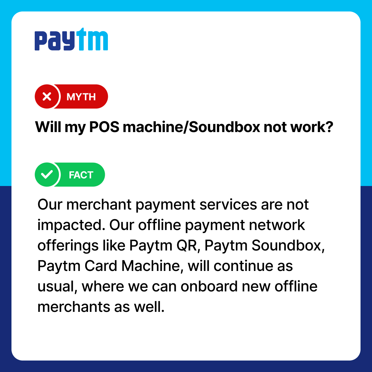 Your Paytm POS and Soundbox services remain unaffected and we will continue to onboard new offline merchants.