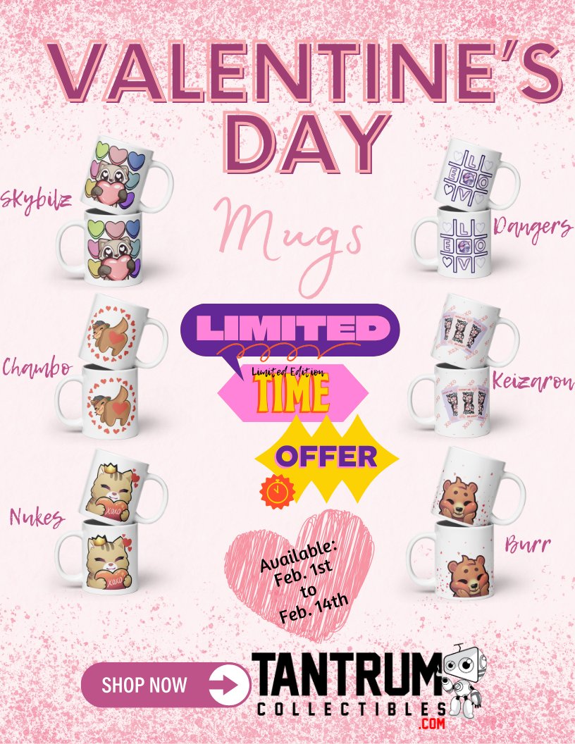 😍Spice up your Valentine's Day with new EXCLUSIVE mugs of @dangers_TV, @Burr_TV, @nukkuler, @ChamboTV, @Skybilz, and @keizaron! 😍 Act fast – Only available from Feb. 1st - 14th! ⏰💕 Sip on the sweetness of this one-of-a-kind love affair. Get it here: tantrumcollectibles.com