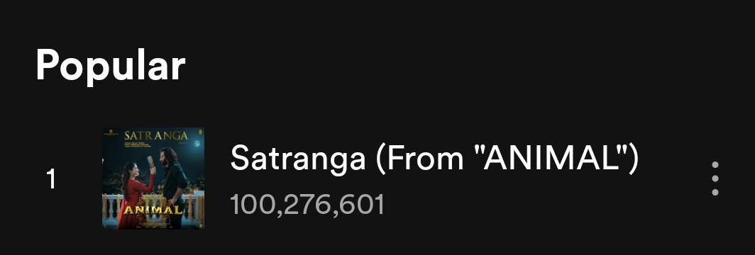 #Satranga From #Animal Completed 100M+ Streams On #Spotify ...🥳🥳 #ArijitSingh #RanbirKapoor𓃵 #RashmikaMandanna #Animal #SandeepReddyVanga