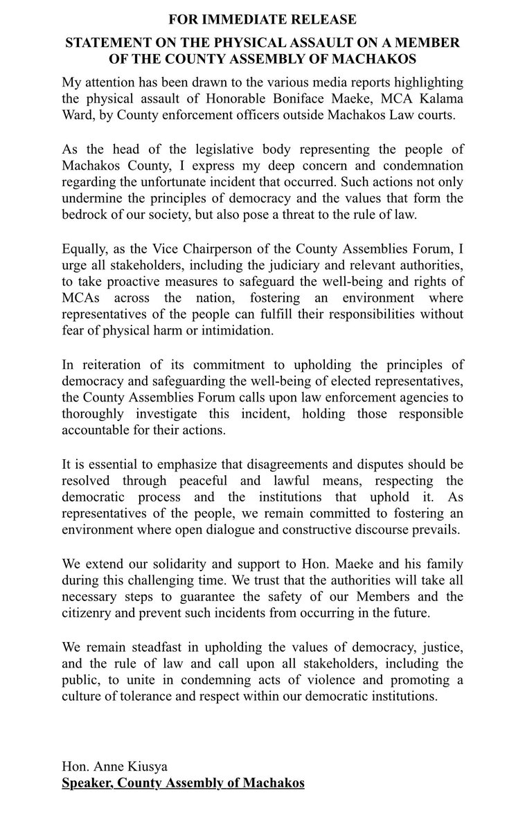 Statement on the assault of an Honorable Member of County Assembly.