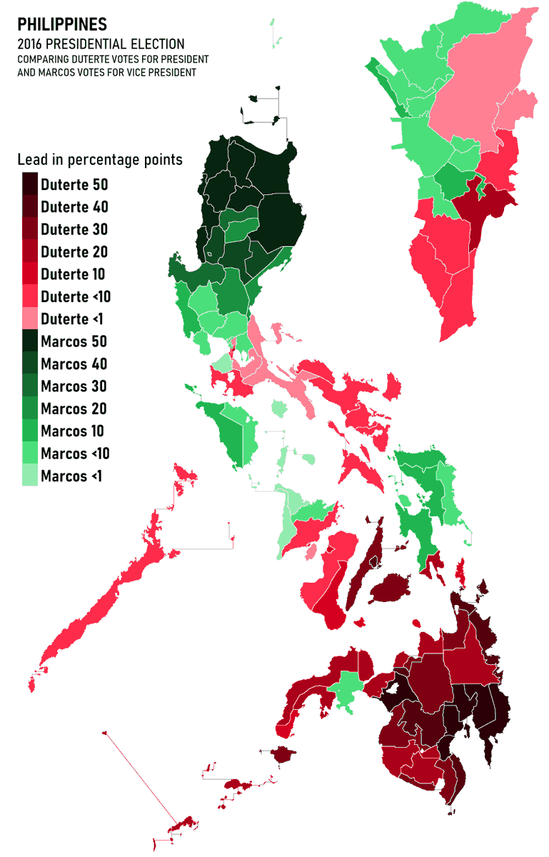 2016 Philippine presidential election Map showing a comparison between Rodrigo Duterte votes for president and Bongbong Marcos votes for vice president.