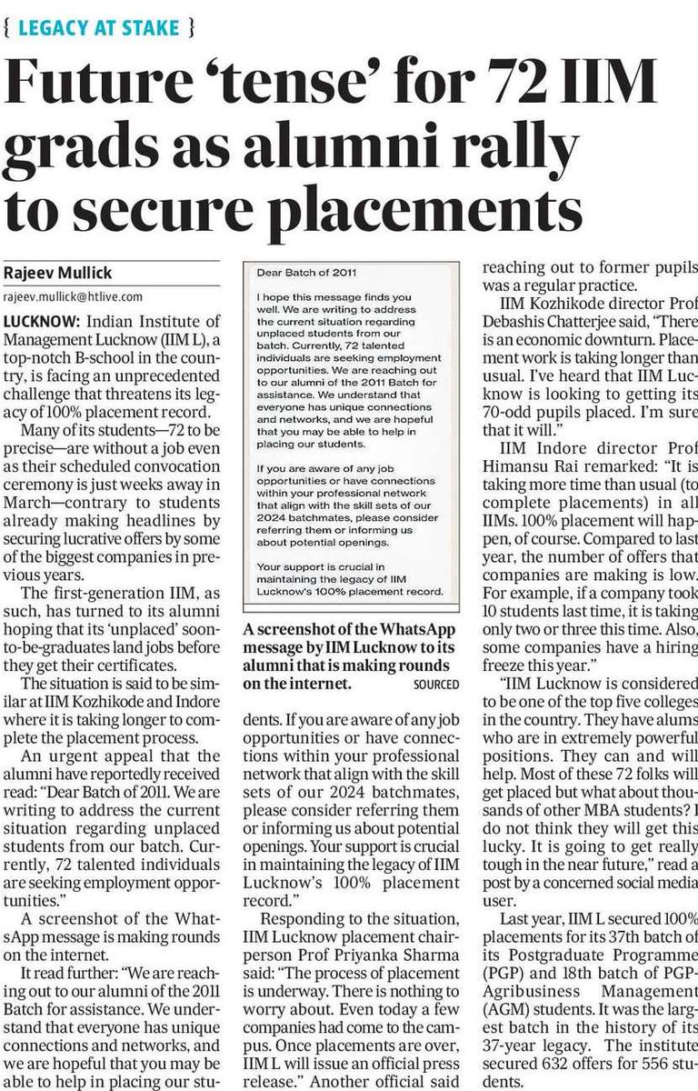 Indian Institute of Management Lucknow (IIM L), a top-notch B-school in the country, is facing an unprecedented challenge that threatens its legacy of 100% placement record.