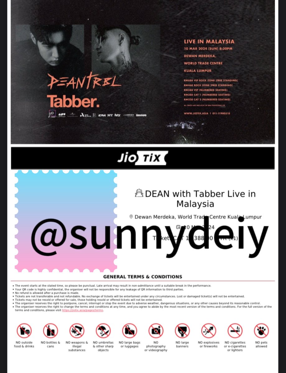 sunnydeiy's tweet photo. WTS 🇲🇾‼️

✅ 1xCAT 1
✅ RM388 (original price)

hmu if interested 🫶
rts : upgraded my ticket 

#DEANTabberMY
#DEANinKL #TABBERinKL #DEAN https://t.co/Y2Ic25izVL