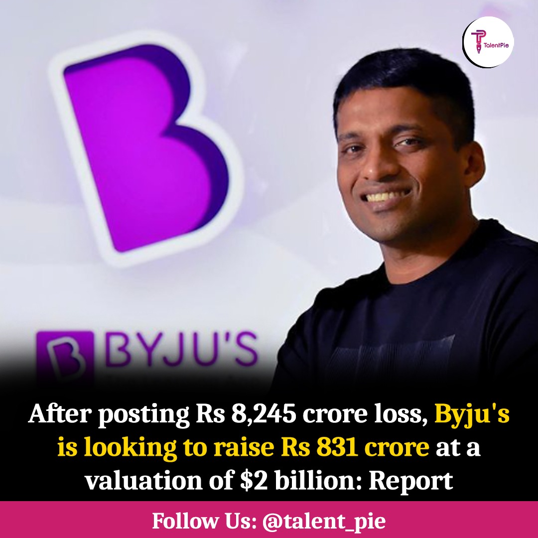 TalentPie's tweet photo. Bengaluru-based Byju's is reportedly planning to raise $100 million to $200 million via a rights issue at a much lower valuation of $2 billion, according to a Bloomberg report.

#byjus #edtech #startup #Investors #talentpie #marketingtips https://t.co/z13mg3n592