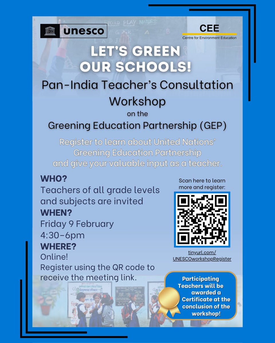 CEEahmedabad's tweet photo. Teachers are invited to be a part of the “Greening Education” movement running worldwide by joining CEE's Pan-India Teacher’s Consultation Workshop on Greening Education Partnership on Feb 9 at 4:30pm in collaboration with UNESCO, New Delhi.

Register: https://t.co/oxYoMSBEOu https://t.co/Z8rqiXKrmj