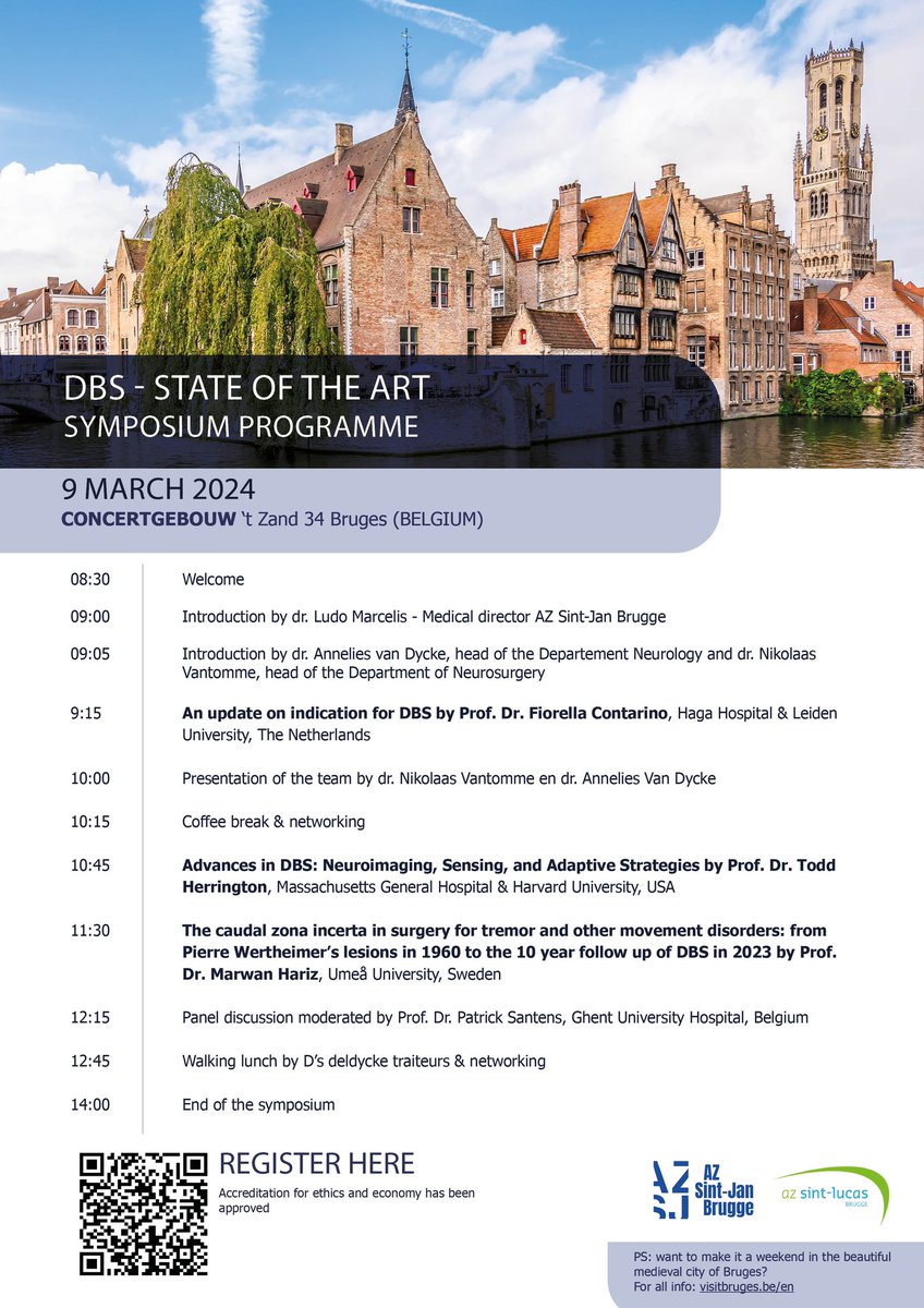 Bruno Bergmans (@brunobergmans) on Twitter photo You can register now for our DBS Symposium March 9th in Bruges on neurochirurgiebruggeoostende.be/symposium or through the QR-code below.
Keynotes by <a href="/FiorellaCont/">Fiorella Contarino</a>, <a href="/ToddMHerrington/">Todd Herrington</a> & Marwan Hariz. Panel discussion moderated by <a href="/santens1/">patrick santens</a> You can register now for our DBS Symposium March 9th in Bruges on neurochirurgiebruggeoostende.be/symposium or through the QR-code below.
Keynotes by <a href="/FiorellaCont/">Fiorella Contarino</a>, <a href="/ToddMHerrington/">Todd Herrington</a> & Marwan Hariz. Panel discussion moderated by <a href="/santens1/">patrick santens</a>