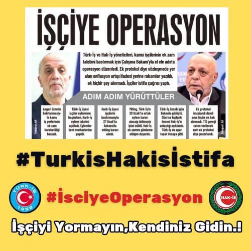 Biri Yer Biri Bakar, Kıyamet Ondan Kopar! 

Asgari ücrete             %49,25
Memura                       %49,25
Memur emeklisine  %49,25
İşçi emeklisine          %49,25
Kamu işçisi                 %32,57
#isciMasadaSatıldı
#iscininumuduRTE
<a href="/turkiskonf/">TÜRK-İŞ</a>
<a href="/RTErdogan/">Recep Tayyip Erdoğan</a>
<a href="/isikhanvedat/">Prof. Dr. Vedat Işıkhan</a>