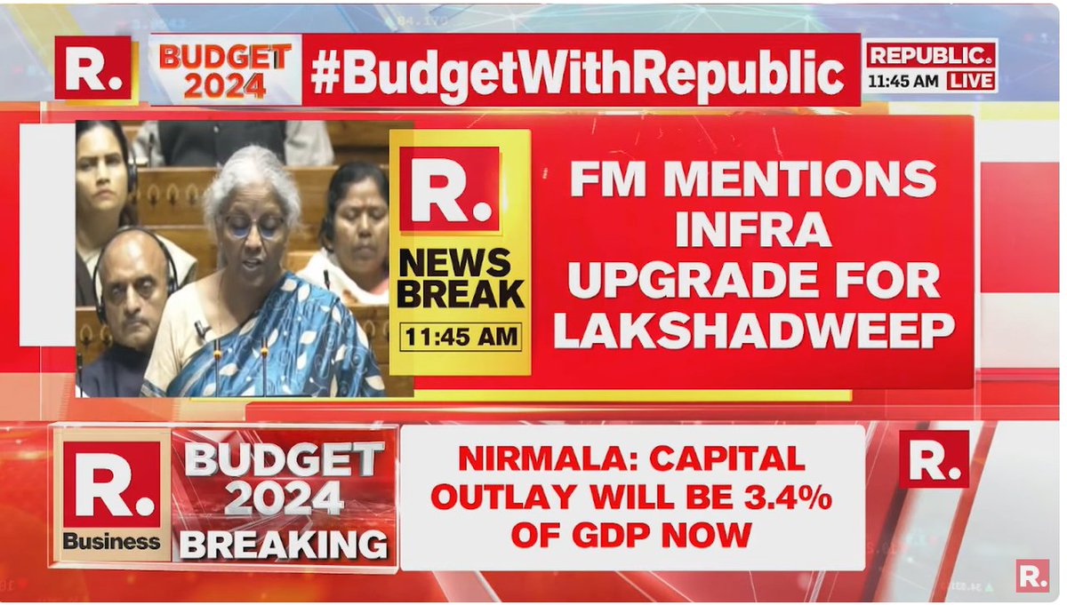 #BREAKING | #BudgetWithRepublic: Finance Minister mentions infrasture upgrade for Lakshadweep.  

Don't miss a second, tune in to WATCH #LIVE here-youtu.be/4JE6vpiEL9Q  

#Budget2024 #Interimbudget #Budget #Budgetsession #LoksabhaElections2024 #RepublicBusiness…