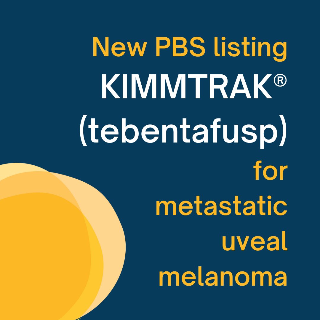 MASC_Trials's tweet photo. Kimmtrak® (#tebentafusp) has been listed on the PBS! Patients with advanced uveal melanoma who have not received systemic treatment can now be reimbursed for #Kimmtrak®. With very limited treatment options available, KIMMTRAK® has been found to improve patient survival. https://t.co/TOKmfpzisg