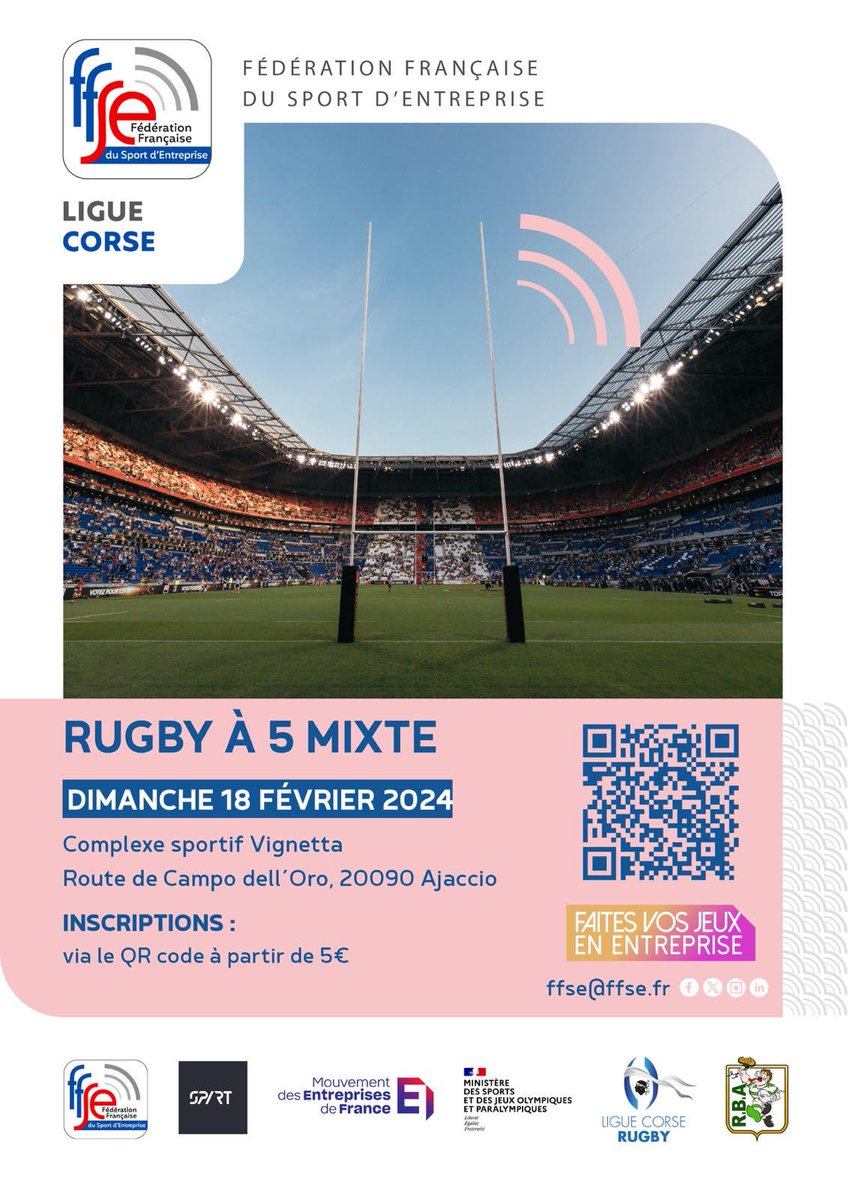 2️⃣0️⃣2️⃣4️⃣ La Grande Cause Nationale porte sur l’activité physique et sportive. La ligue Corse du Sport d’entreprise, le MEDEF Corse s’ïnscrivent dans cette politique et organisent une animation rugby à toucher à 5 en mixte le 18 février à vignetta. 
➡️ Roger.paoletti@gmail.com