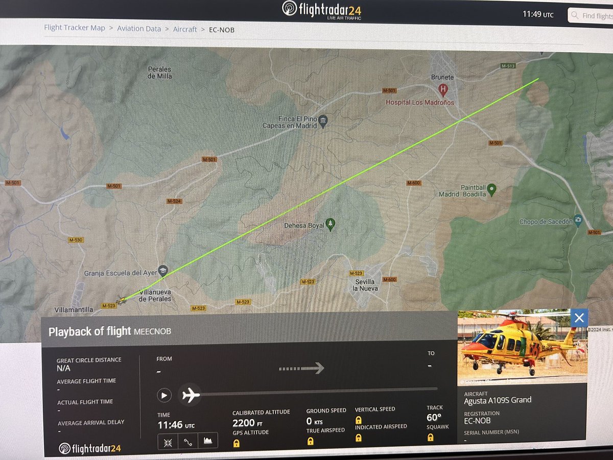 fernanditofnl's tweet image. Algo no me cuadra…

A109  de #Avincis, si no estoy equivocado #HELCA de @saludand 

Día 1 de Febrero 2024
A las 10:32 dirección Cádiz (creo que a Hospital)
A las 11:46 en Villamantilla (Madrid).

Algo falla, no?