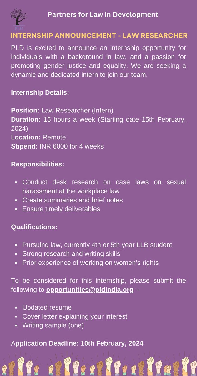 Internship Opportunity at PLD!⚖️Join us as a Research Intern! Remote position, 15 hrs/week, starting Feb 15, 2024. Open to 4th/5th year LLB students. Stipend: INR 6000 for 4 weeks. Submit your resume, cover letter, and a writing sample to opportunities@pldindia.org by Feb 10. 📝