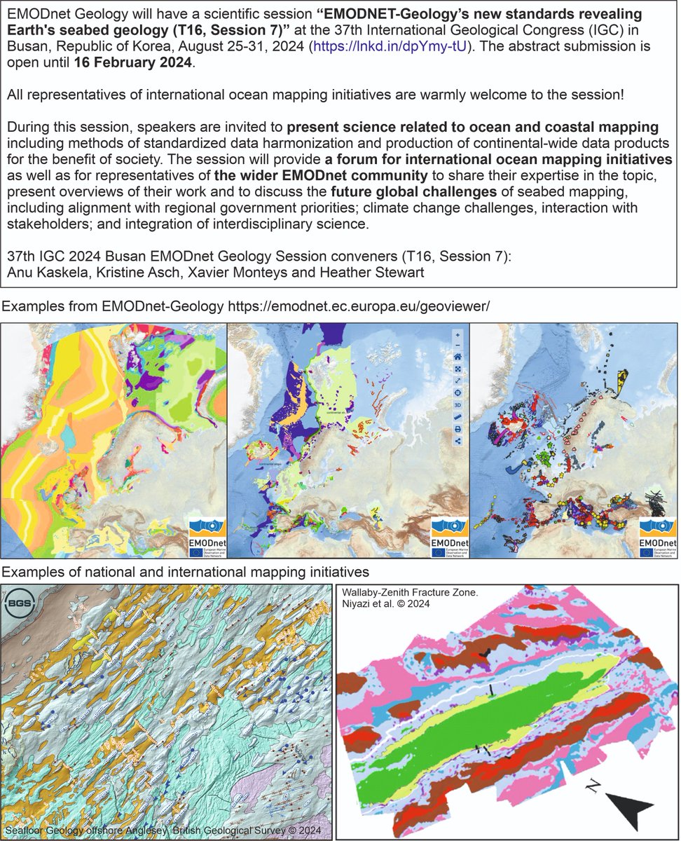 🚨Submit to our #EMODnetGeology session at #IGC August 2024 in #Korea - abstract deadline 16 Feb 2024

"EMODNET-Geology’s new standards revealing Earth's #seabedgeology"
lnkd.in/dpYmy-tU

Submissions from international #oceanmapping initiatives welcome!👇
#marineresearch